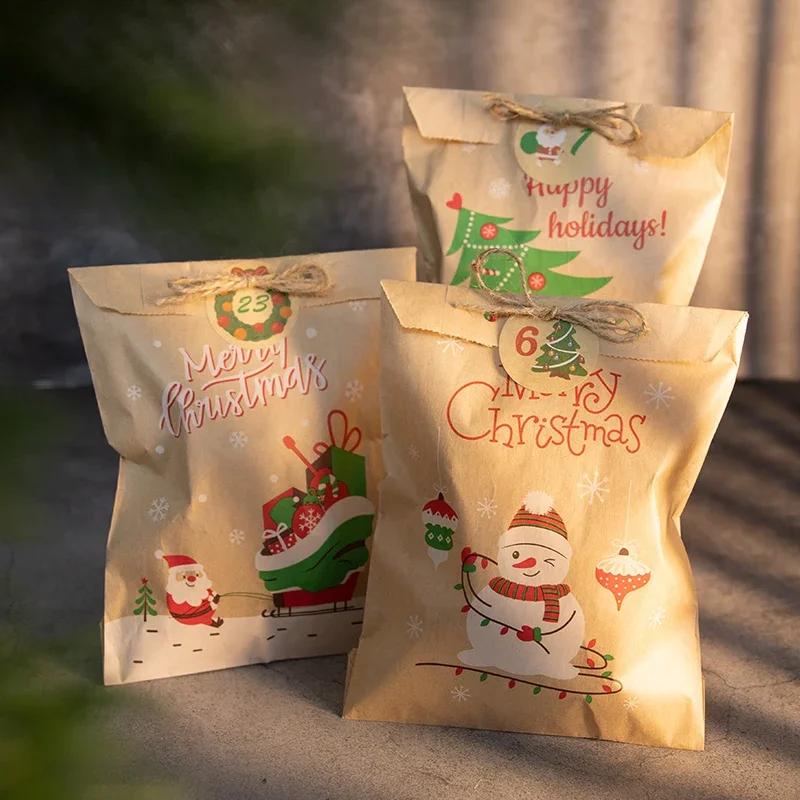 Christmas Kraft Paper Bags Santa Claus Snowman Fox Holiday Xmas Party Favor Bag Candy Cookie Pouch Gift Wrapping Supplies