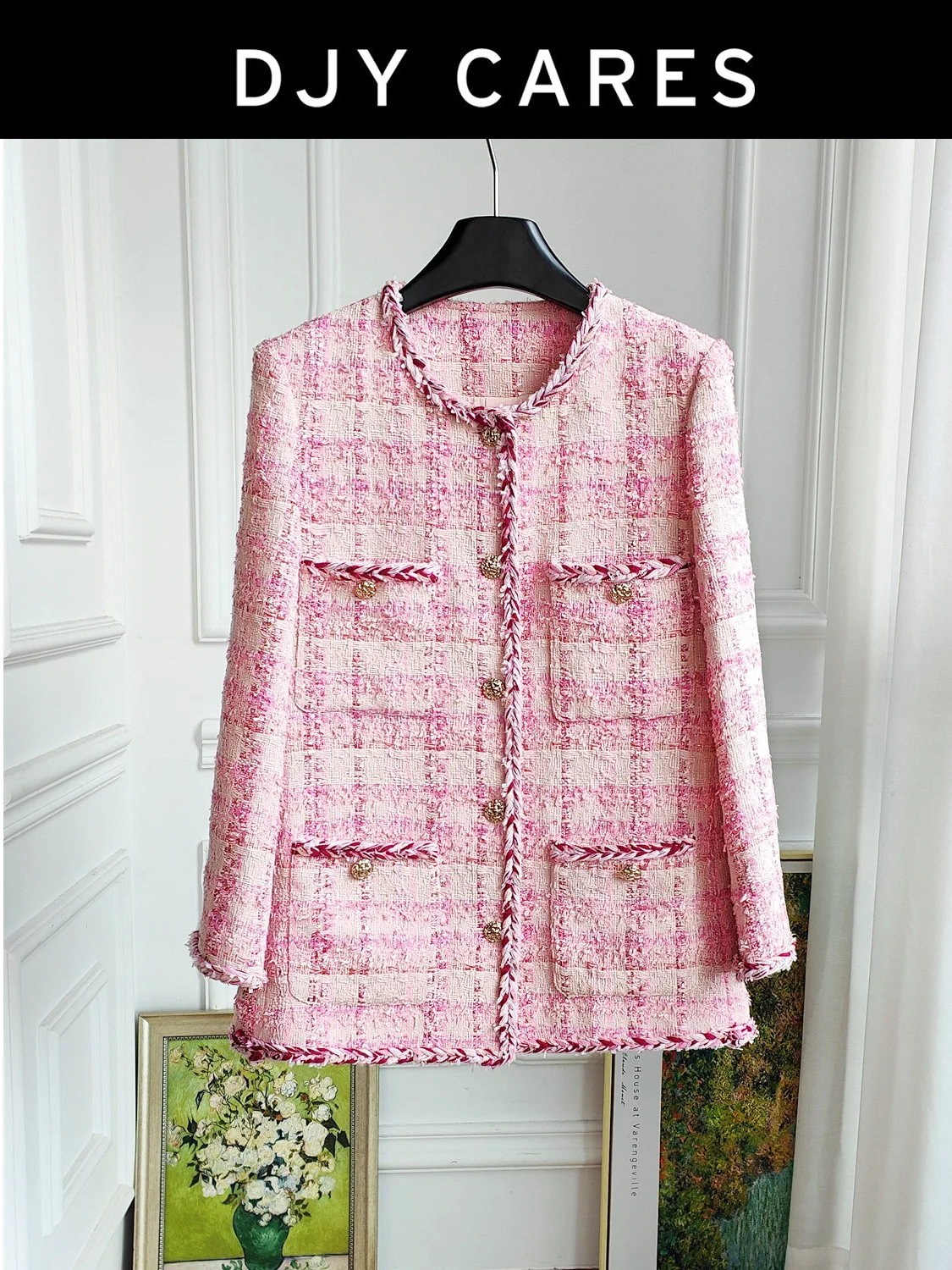 

New Exquisite pink checkered jacket mid length top big size