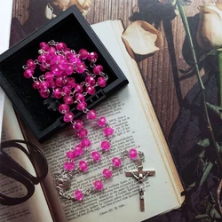 Fashion  Rosary Necklace Flat Imitation Crystal Beads Rose  Pendant Necklaces Women Catholic Religious Jewelry Y5GB