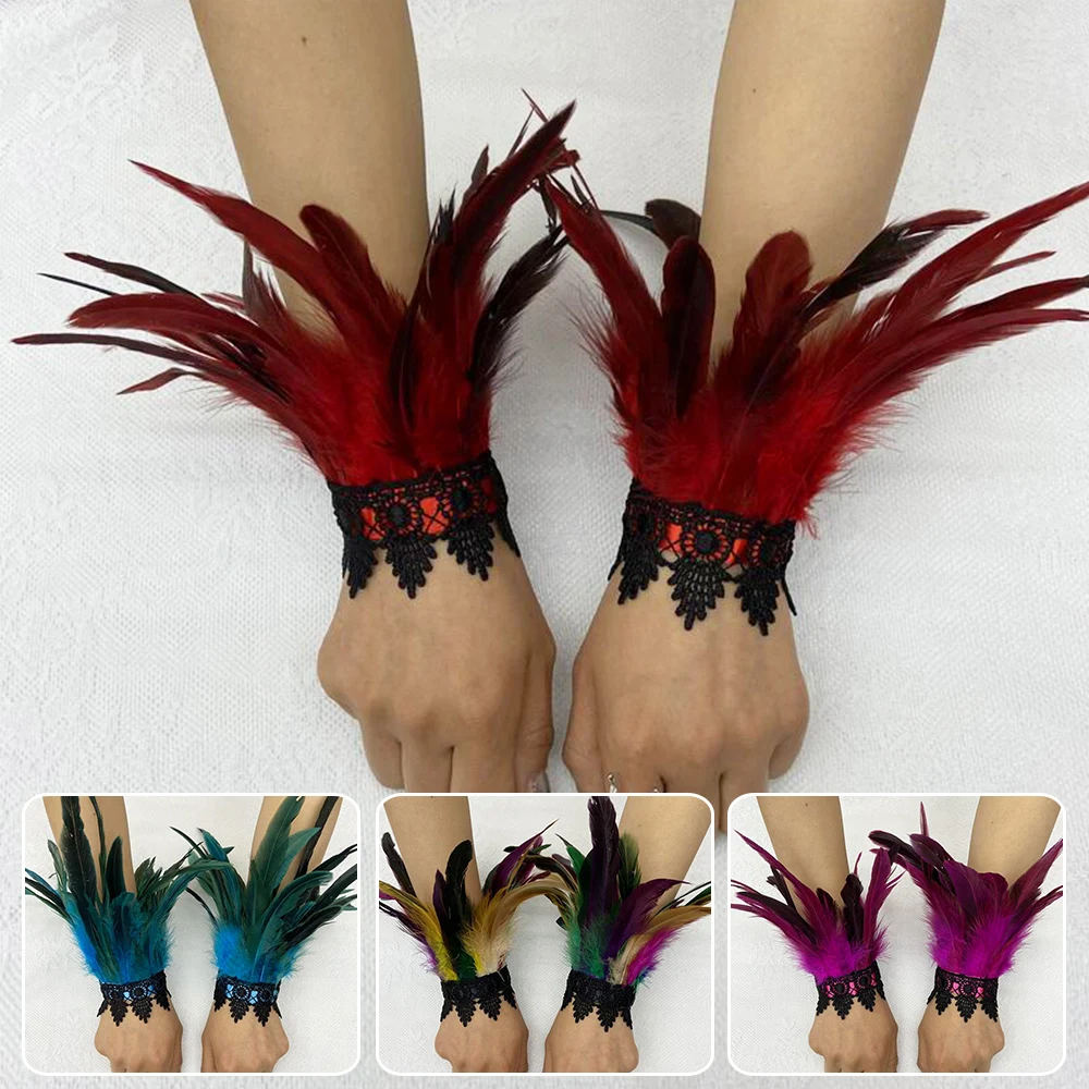 1pair Halloween Feather Bracelet Lace Sleeve Gloves Embroidery Long Mittens Party Costume Finger Gloves Stage Accessories Gothic