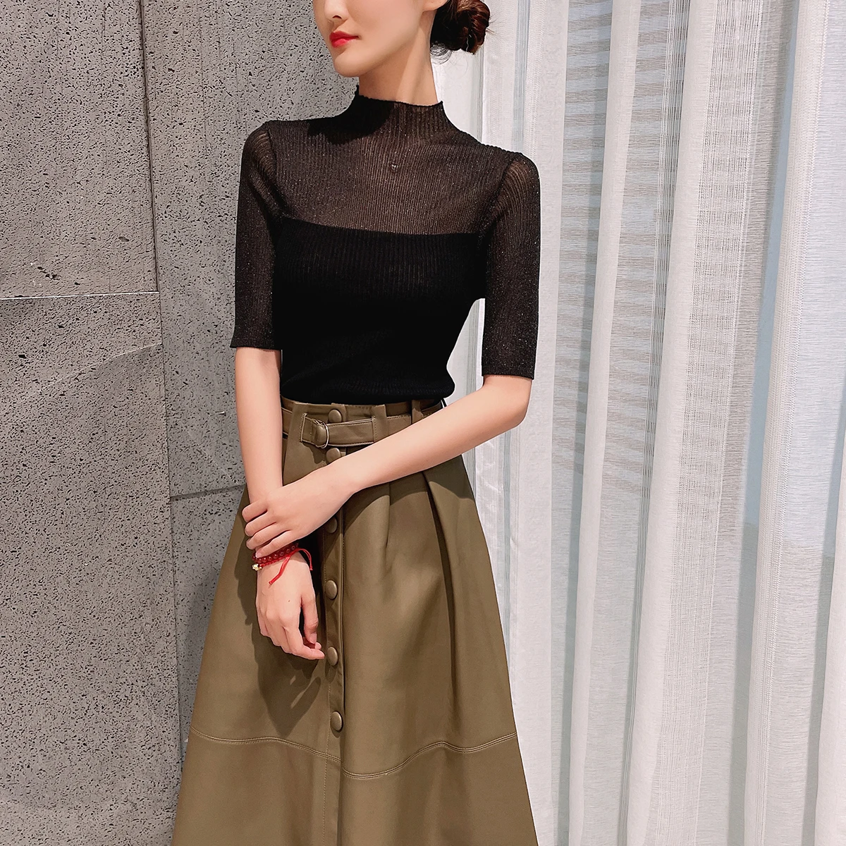 

Slim Fit Thin Base irt New Simple Sle See tough Five Sve Knitted Top for Women Commute Sle Pure Color f High ro...