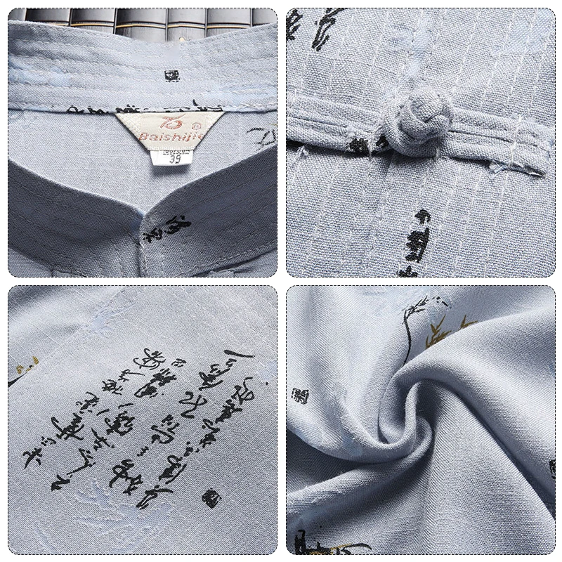 Men Spring Summer Chinese Traditional Tang Suit Mandarin Collar Kung Fu Wing Chun Garment Tops + Pants Set Tai Chi Shirt