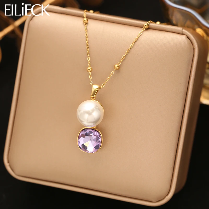 EILIECK 316L Edelstahl Mode Lila Kristall Zirkon Perlenkette Elegante Charm-Halskette Wasserdichter Schmuck für Frauen