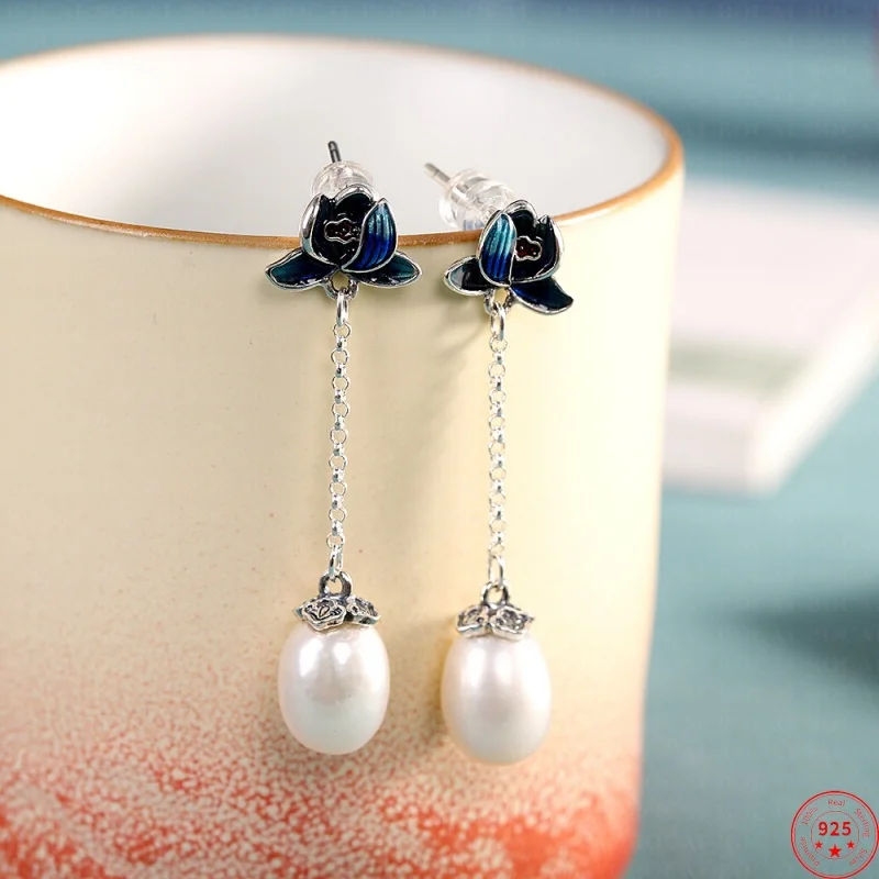 

S925 Sterling Silver Charms Drop Earrings for Women New Fashion Cloisonne Lotus Tassel Pearl Ear-drops Jewelry Wholesale