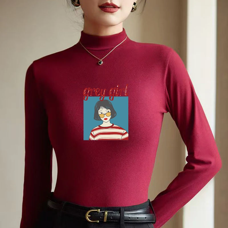 Winter Women's Thermal Brushed Fleece Half Mock Neck Long Sleeve T Shirt Retro Girl Sunglasses Grey Girl Graphic Warm Tee