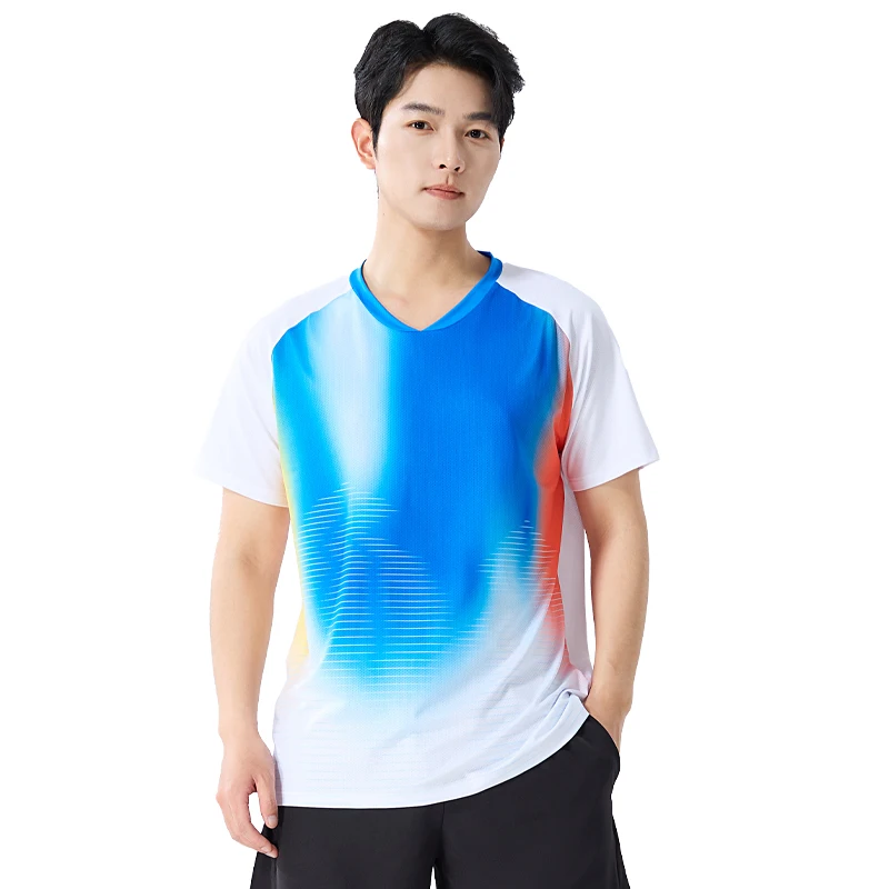 

Men Gym Badminton Shirts Gradient New Running Training Print Sports Short Sleeves Quick Dry Fashion 3D Table Tennis Jersey