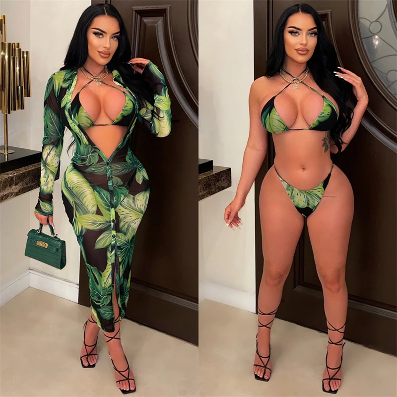 

Leaf Printed Bikini Set + Sheer Mesh Long Shirts Dress Women Turn Down Collar Full Sleeve Single Breasted Summer Beach Cover Ups