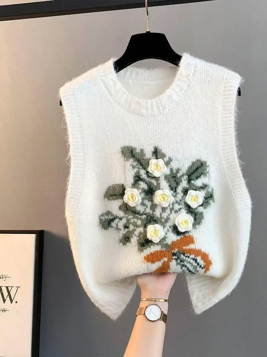 Korean Style Soft Embroidered Flower Sweater Vest Women Overhead Loose Spring Autumn Thick Knitted Top Layered Clothing