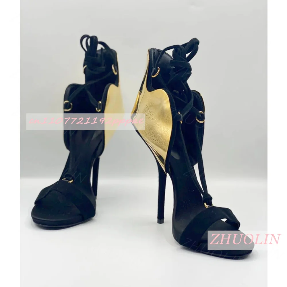 Gold Metal Decoration Open Toe Lace Up Sandals Stiletto High Heel Suede Ankle Tie Women Club Night Party Elegant Dress Heels 46