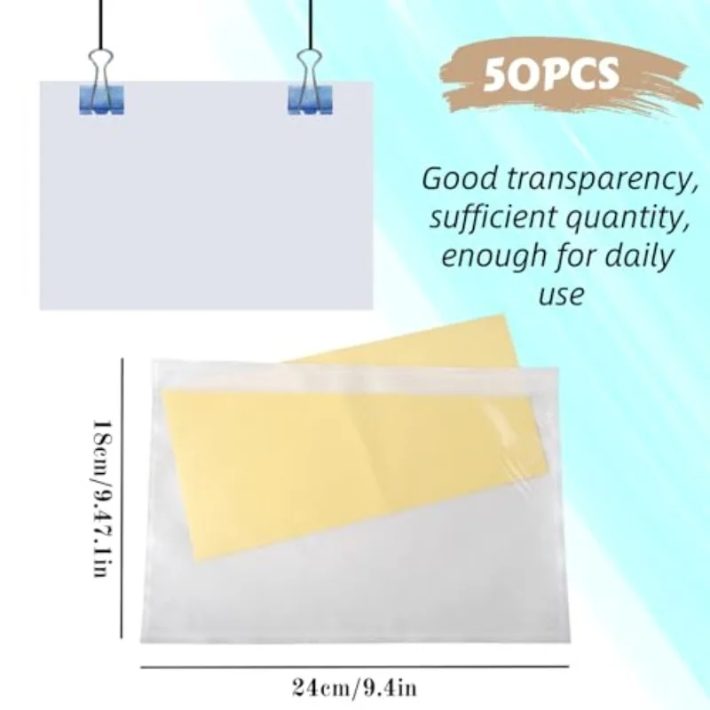 50 قطعة وثيقة لزجة عادية المغلقة محافظ البلاستيك أكياس الشحن قشر وختم دائم مقاوم للماء إرفاق الفواتير التعبئة