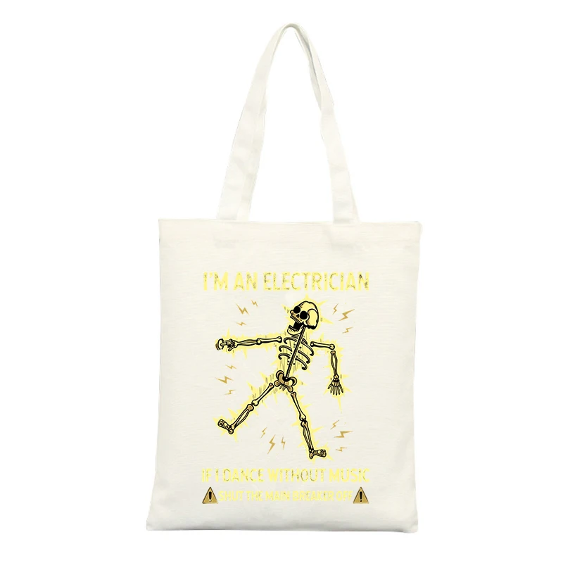 Skeleton Graphic Canvas Tote Bag with Slogan Print, Casual Style for Daily Use and Shopping