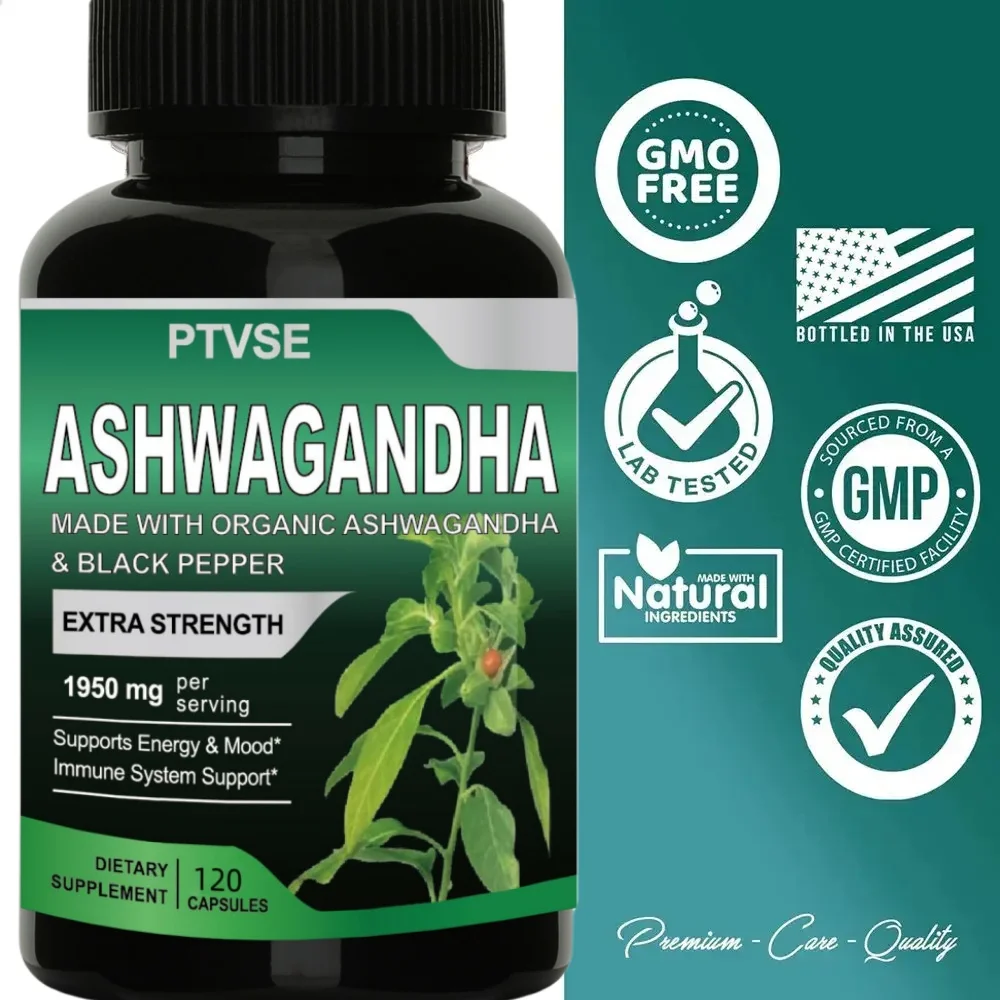 Ptvse แคปซูลสารสกัดจากราก Ashwagandha ออร์แกนิกบริสุทธิ์1950มก. ช่วยคลายเครียด, โฟกัส, สมอง, พลังงานสนับสนุนสุขภาพการนอนหลับ