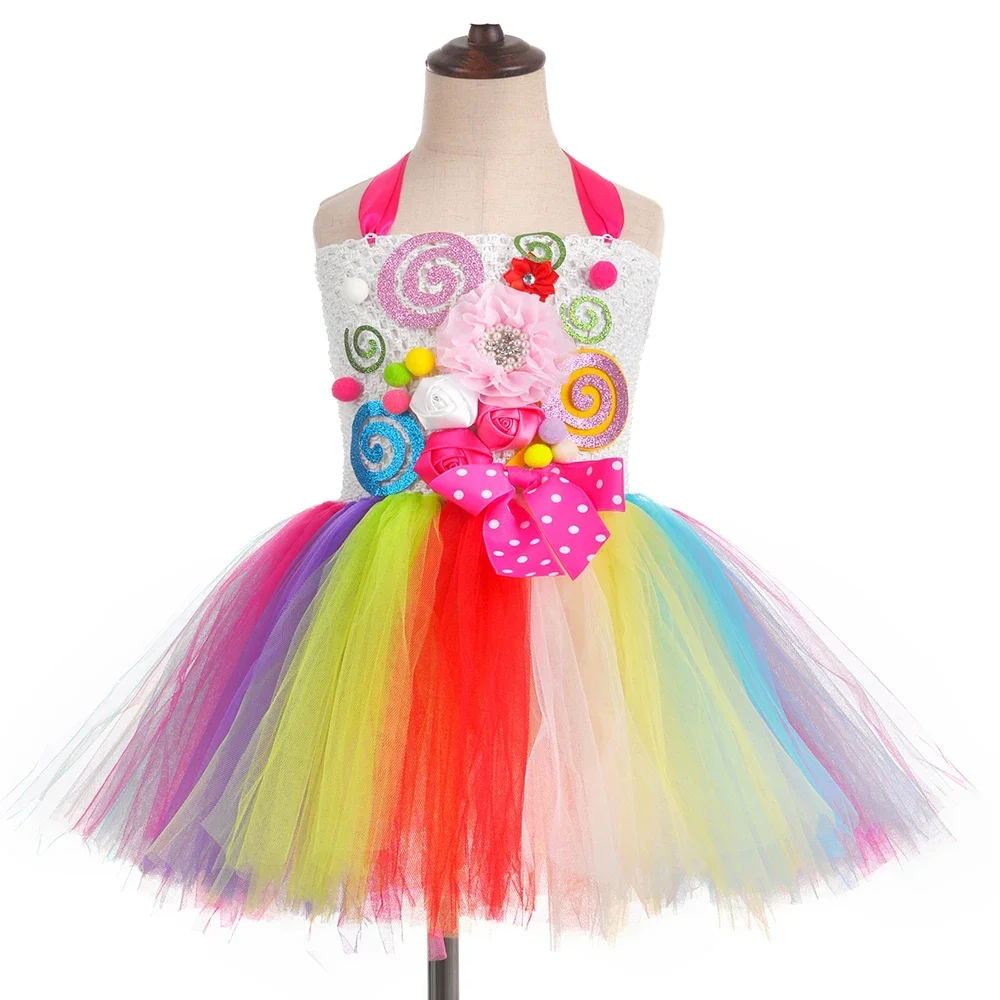 Sweet Rainbow Candy TutuสำหรับสาวฮาโลวีนวันเกิดPartyเสื้อผ้าเด็กดอกไม้Bow Lollipop Candyเครื่องแต่งกายHeadband