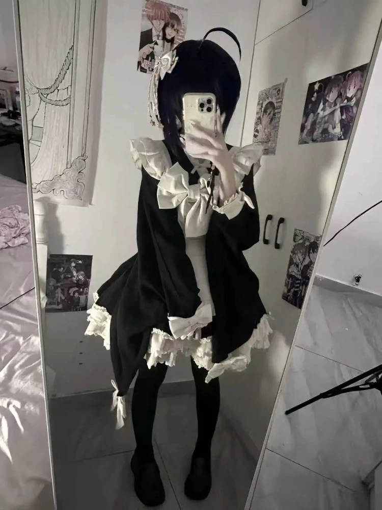 

Осенний японский кавайный костюм горничной Лолиты, шикарная кружевная отделка с бантом, утягивающие платья, элегантные наряды для вечеринок, женская одежда 2025