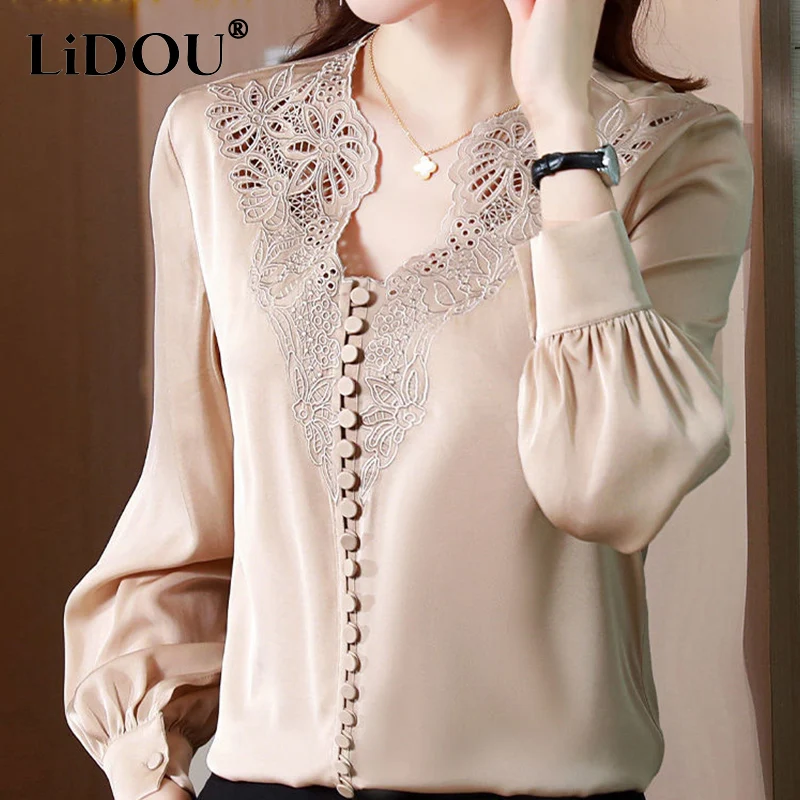 Spring Autumn Simple Vintage Embroidery Solid Color Office Lady Shirt Long Sleeve All-match Elegant Hollow Out Chic Blouse Women