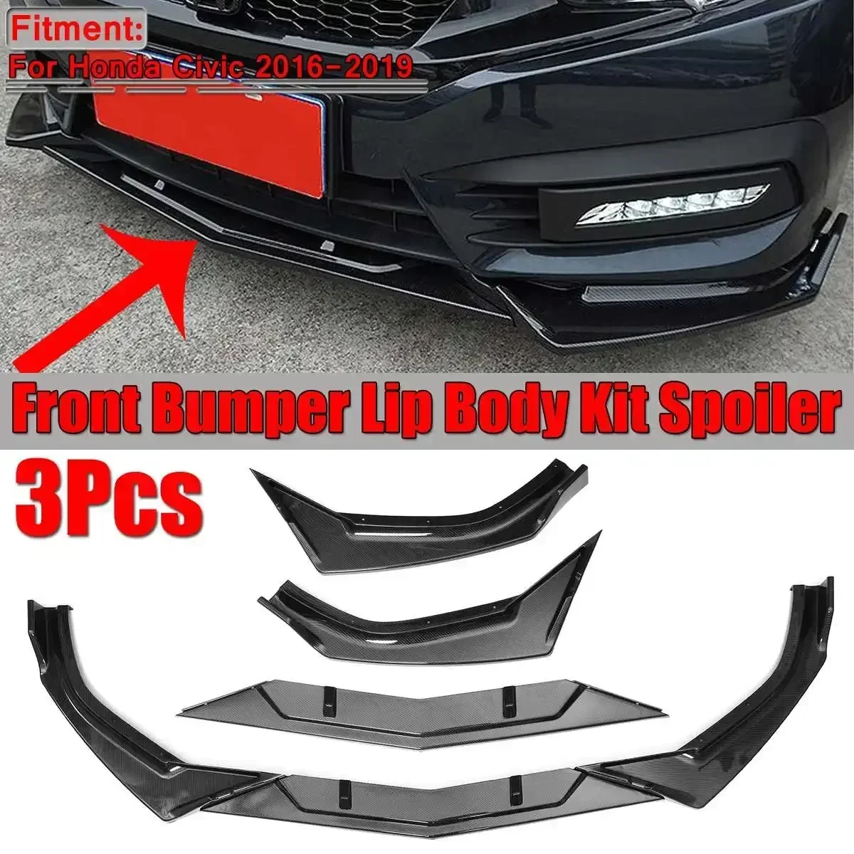 

3pcs Carbon Fiber Look Car Front Bumper Lip Splitter Spoiler Diffuser Spoiler Cover Trim For Honda For Civic 2016-2019 Body Kit