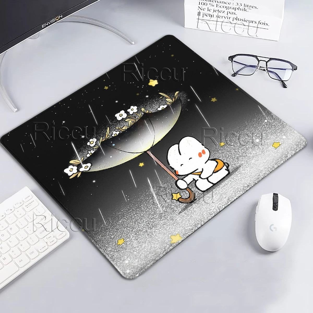 Cute Black Rabbit Mouse Pads Umbrella Pattern Office Keyboard Mousepad Flowers Gamer Small Aesthetics Mats PC Accessories Rubber