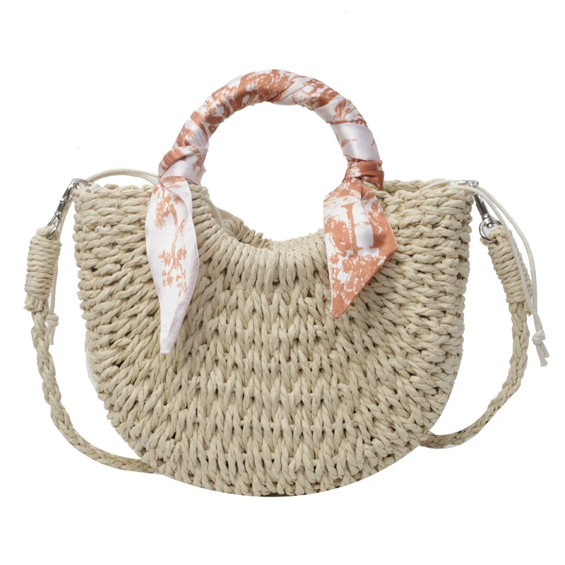 Straw Bag Large Capacity Handmade Half-Moon Rattan Woven Shoulder Crossbody for Women Summer Beach Vacation Chic Drawstring Tote