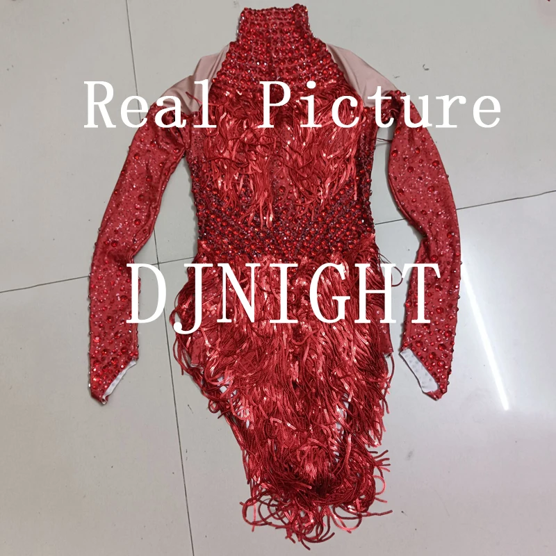 Bar Nachtclub Ds Dj Party Gogo Kostüm Rot Strass Fransen Body Frauen Pole Dance Kleidung Drag Queen Outfit XS8781