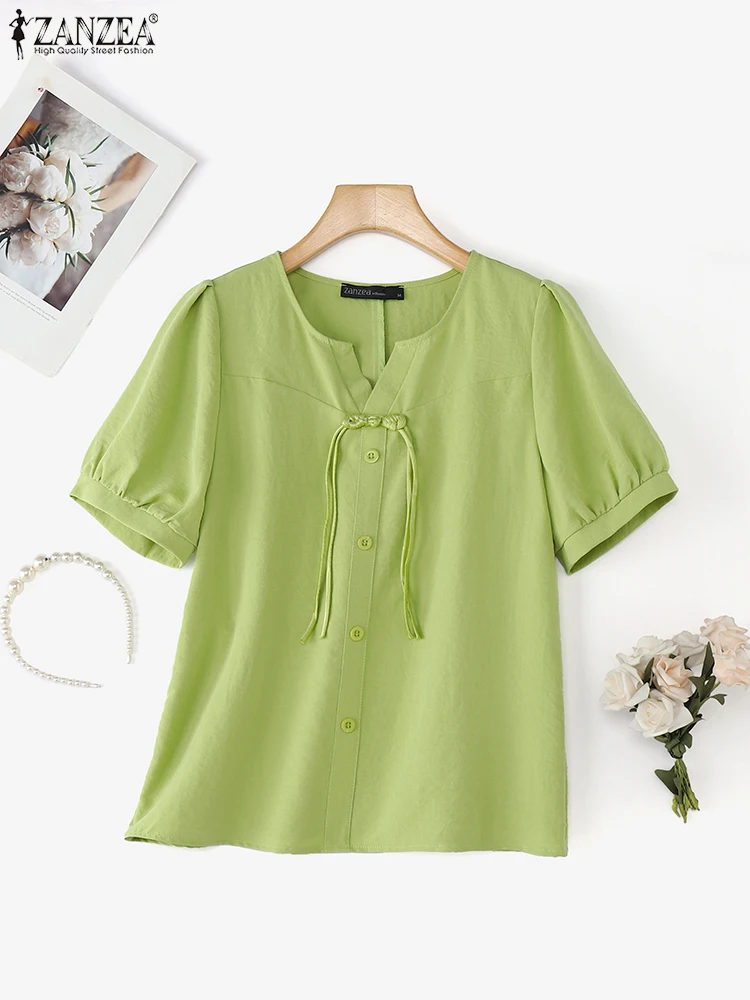 ZANZEA قمصان مكتب صيفية 2025 بلوزات نسائية أنيقة بأكمام قصيرة وأزرار سفلية قميص موضة OL بلوزة عمل غير رسمية برقبة دائرية #1