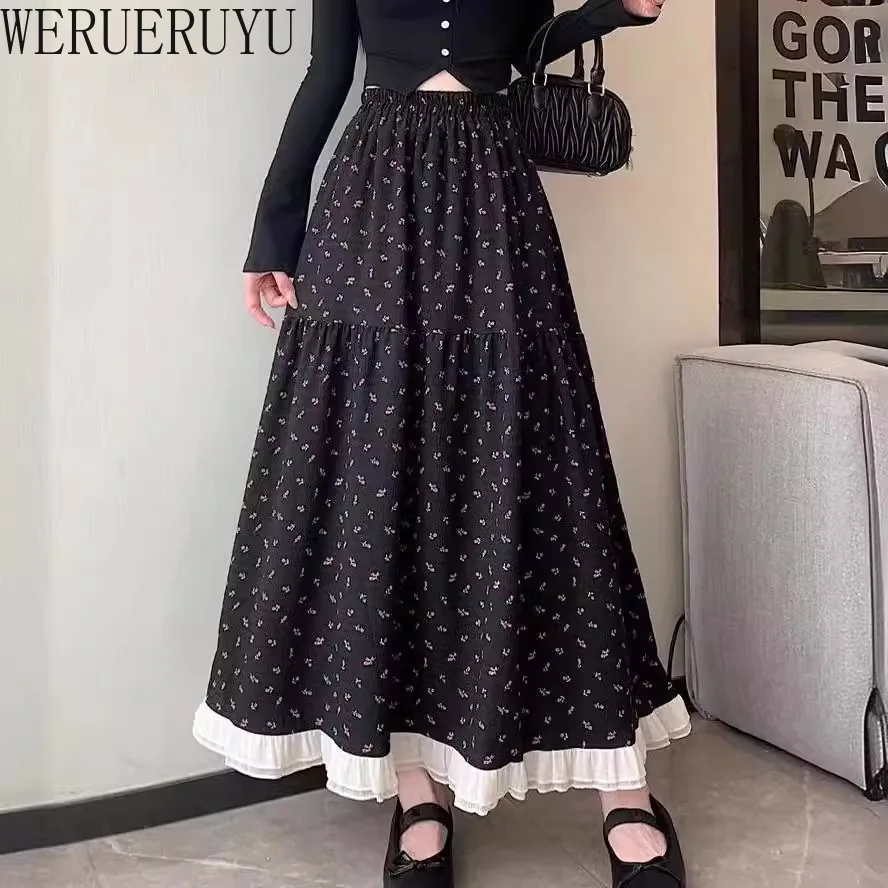 Summer White Floral Long Skirt Womens Y2k Clothes Fashion Elastic High Waist Casual Elegant Spliced Gauze Skirts for Women 2024