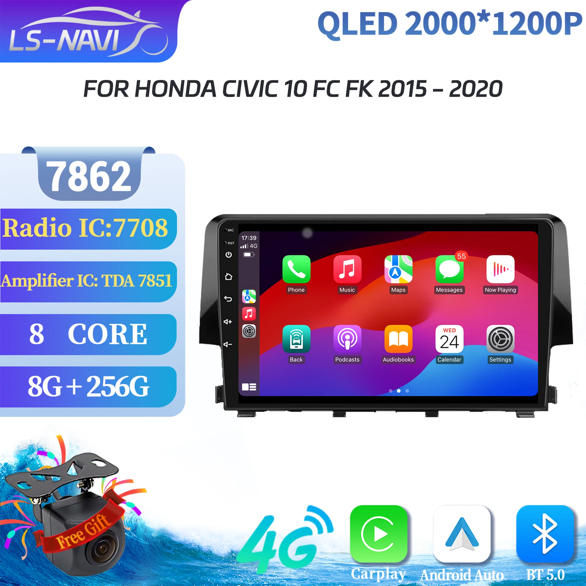

For Honda Civic 10 FC FK 2015-2020 Car Radio Navigation Wireless CarPlay Android Multimedia Stereo 7862S 8G 256G 2K QLED Screen