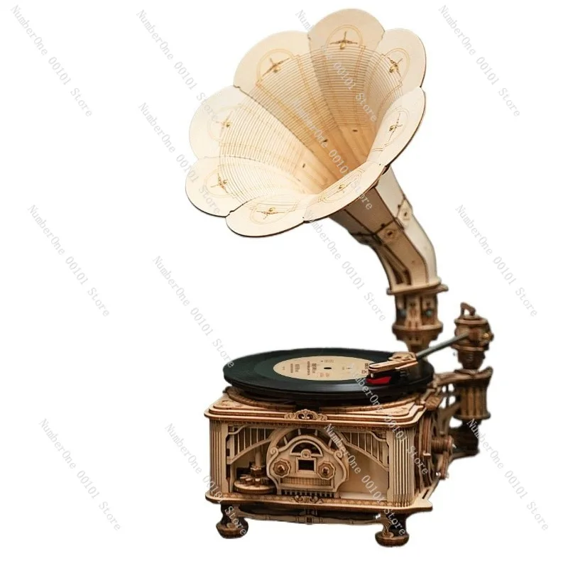 Vintage Record Player, Wooden Assembly Model, Creative Handmade Decorative Item, High-difficulty DIY Craft,Retro Home Audio