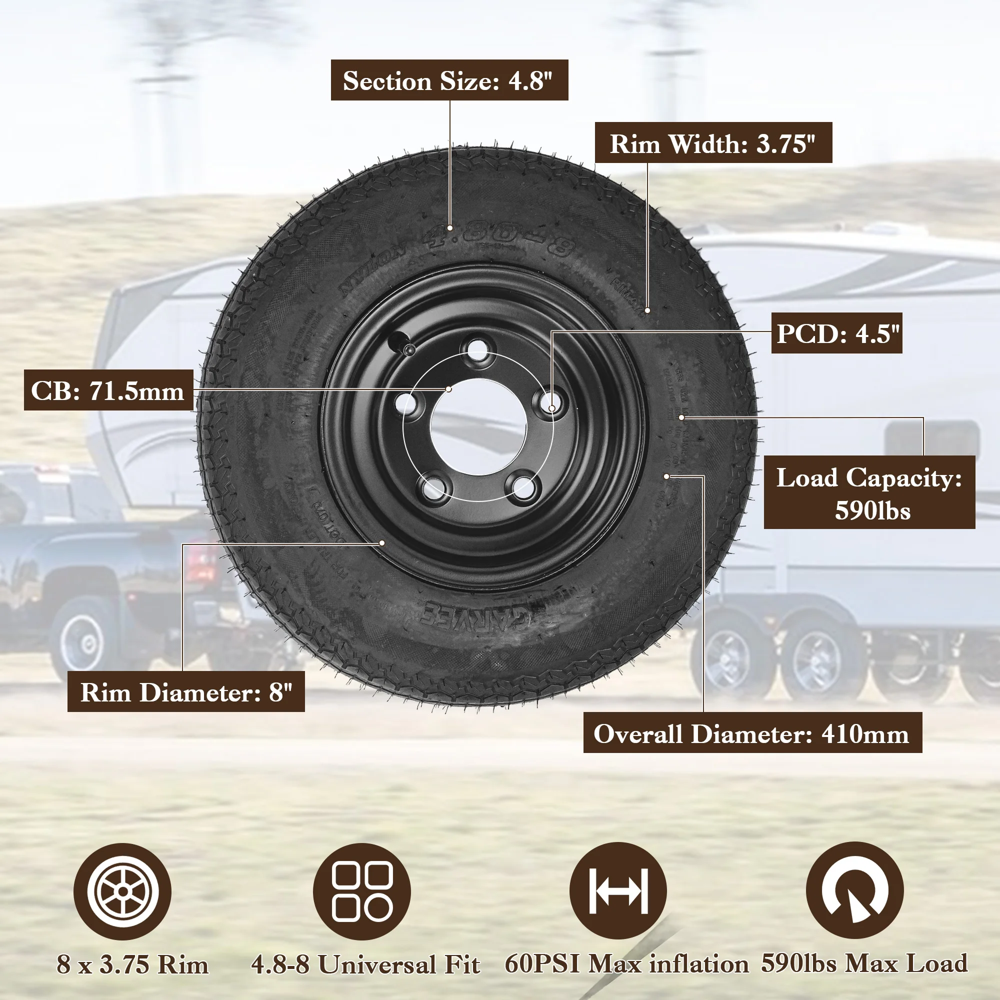 Trailer Tire and Wheel Assembly 4.80x8 480-8, Load Range C 6PR, 4 Lug 4