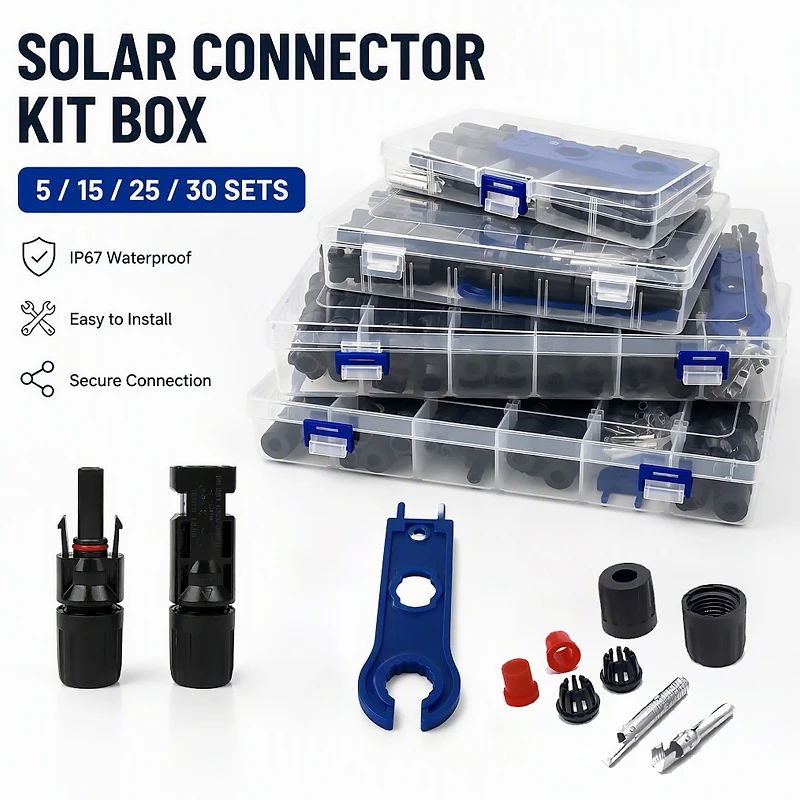 5/15/25/30 Sets Sets Solar Cable Connector Box Kit, Male Female PV Plugs with Metal Crimp Contacts and Connector Assembly Wrench