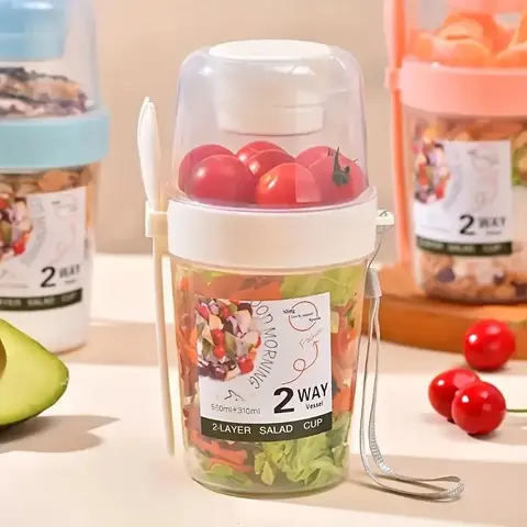 2-परत सलाद कप नाश्ता कप पोर्टेबल खाद्य भंडारण बेंटो बॉक्स दलिया अनाज अखरोट दही कंटेनर सेट स्कूल के लिए कांटा के साथ 8 best sales सलाद कंटेनर - №3