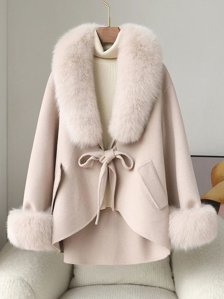 

Double sided cashmere cape coat for women's 2023 autumn/winter fur collar high-end double-sided wool woolen coat