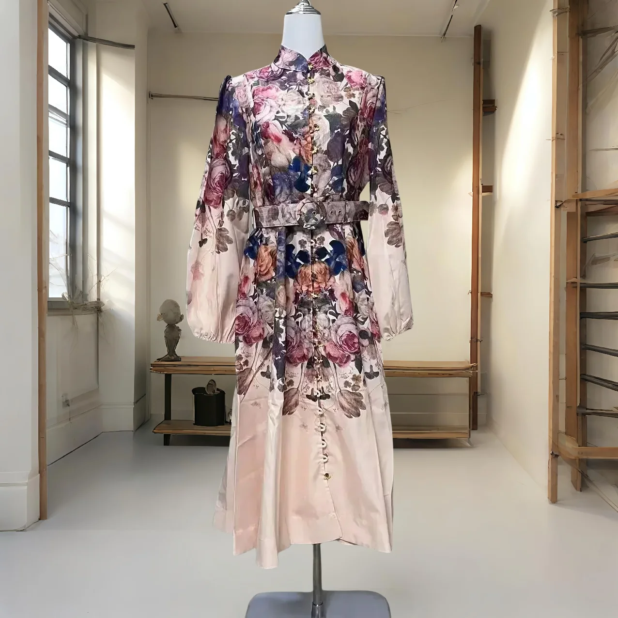 

，New Style Temperament Floral Printed Stand Collar Single Row Button Vacation Dress Large Swing Pocket Vacation A-Line Dress