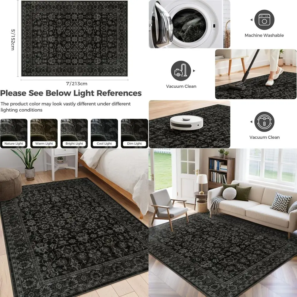 

Large 5x7 Black Bohemian Living Room Rug - Vintage Floral Carpet for Bedrooms, Lightweight Retro Dining Room Accent