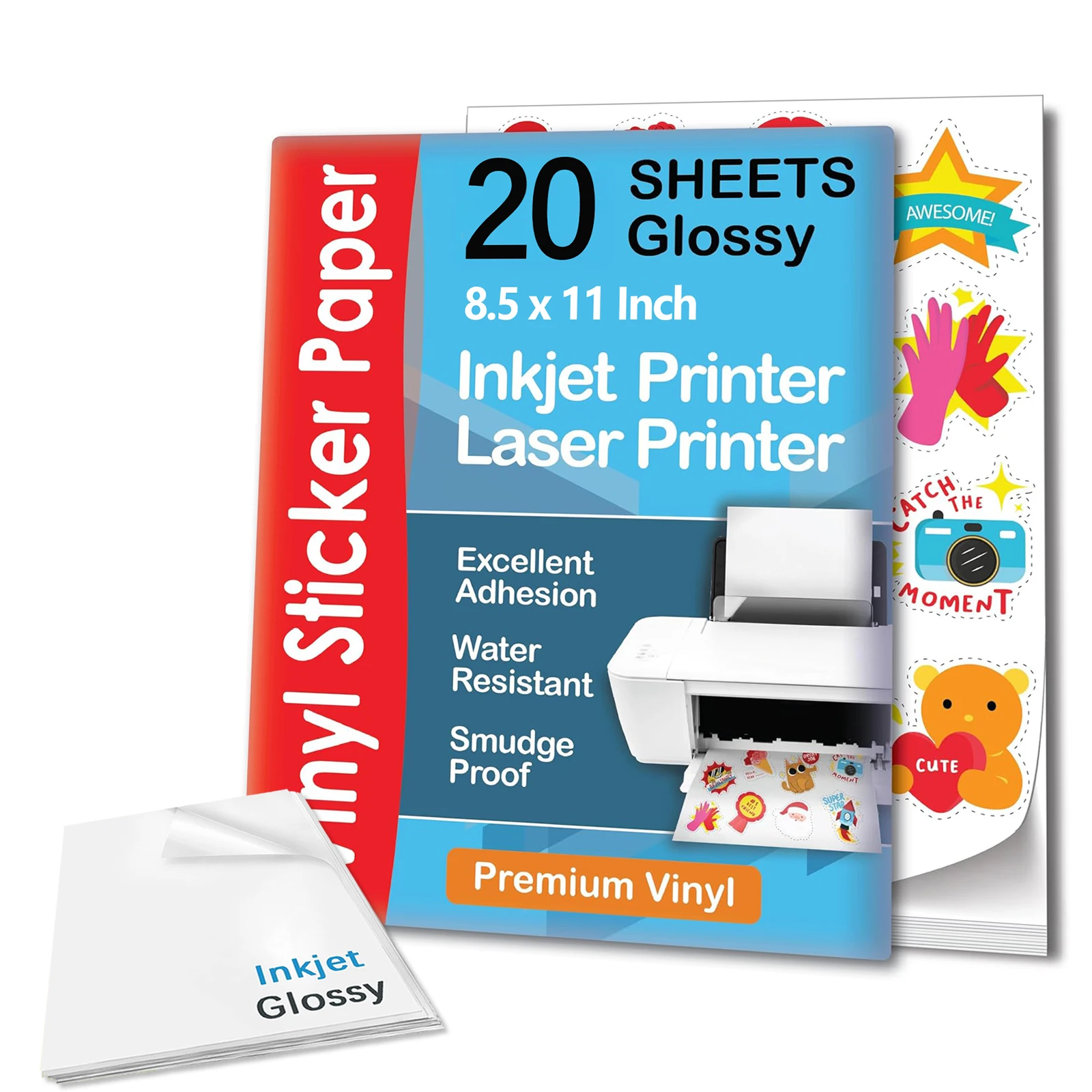 20 Sheets - Glossy White Premium Printable Vinyl Inkjet Stickers -8.5 X 11 In Sticker Paper Suitable for Inkjet Printers
