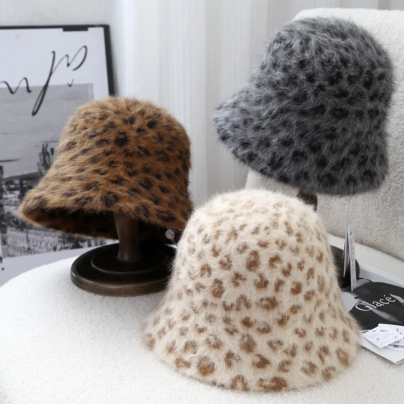 レディース-冬用-レオパードニット-バケットハット-ヴィンテージ-ラビットヘアブレンド-暖かいフィッシャーマンキャップ-ファッション-カジュアル-トレンディ-ストリートウェア-パナマハット