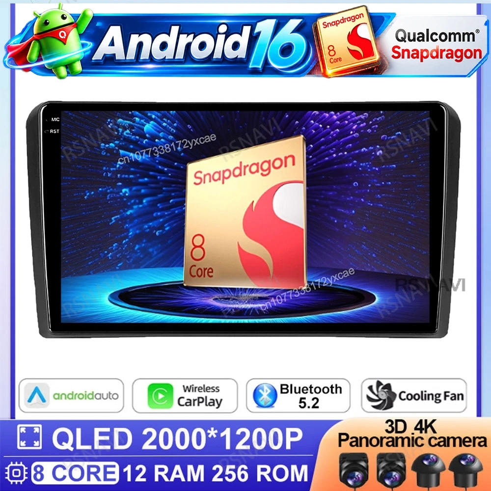 Android 16 Car Radio For Audi A3 8P 2003-2012 Multimedia Video Player Qualcomm Snapdragon Wireless CarPlay Android Auto DSP DVD