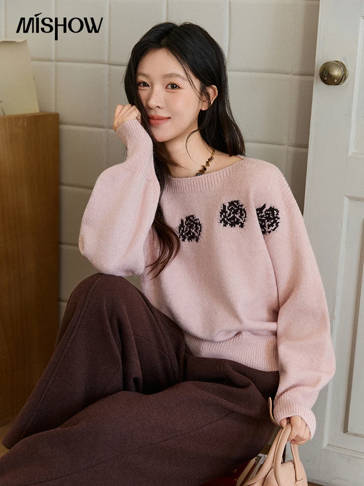 

MISHOW Pink Jacquard Sweater for Women Fall Winter 2025 Lantern Sleeve Tops Shoulder Drop Thickened Knitted Sweater MXE91Z2775