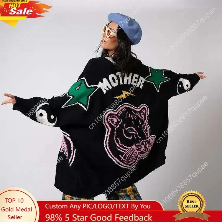 

Mother is Mothering Oversized Cardigan Women Autumn and Winter New Tiger Lazy Mid To Long Style Back Contrasting Knit Sweater