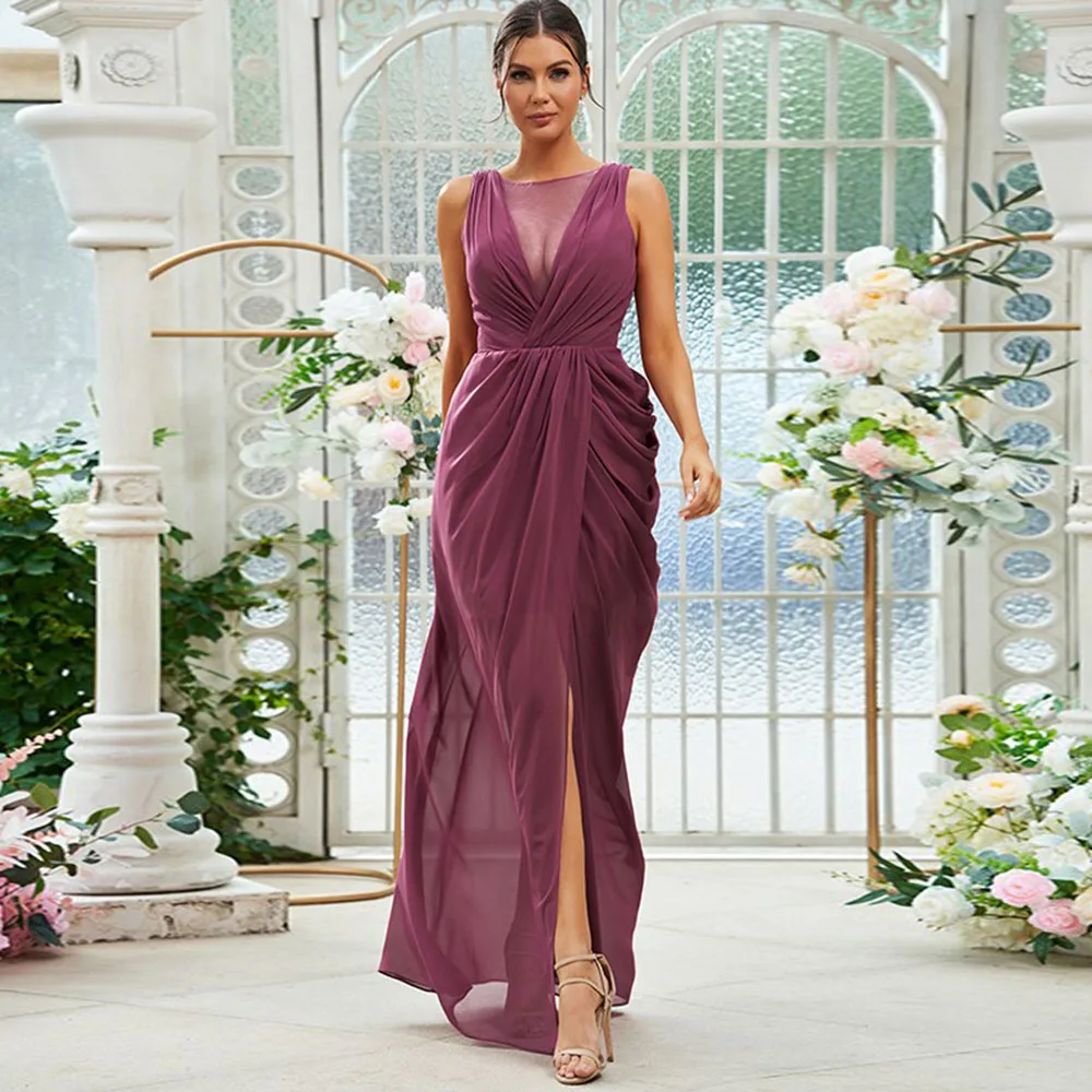 

Sexy Purple Long Evening Dresses Scoop Neck Chiffon Pleated Mermaid Slit Floor Length Backless Formal Prom Party Gowns Customize