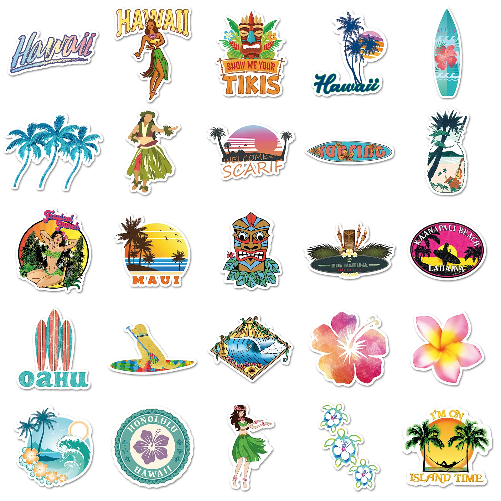 50Pcs Hawaiian series Cartoon Cute Waterproof Sticker Skateboarding Snowboard Retro Vinyl Sticke