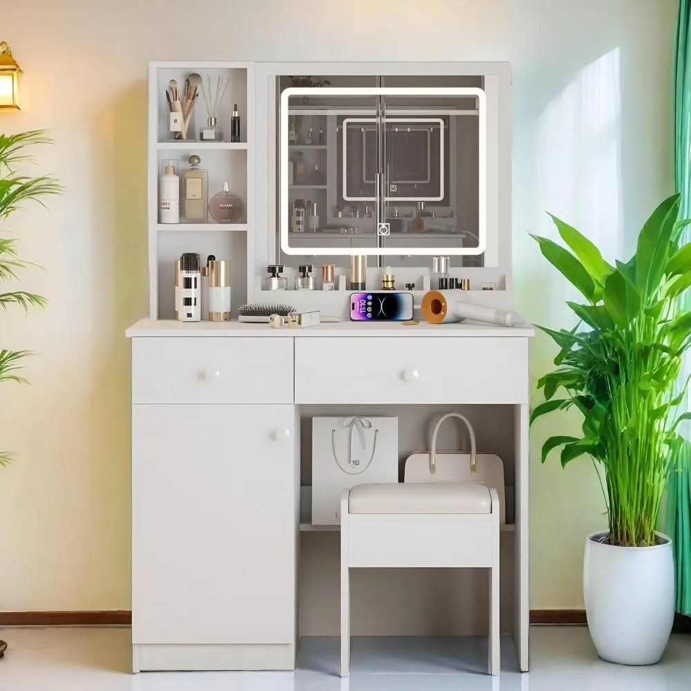 illuminated white vanity desk with drawers and charging port