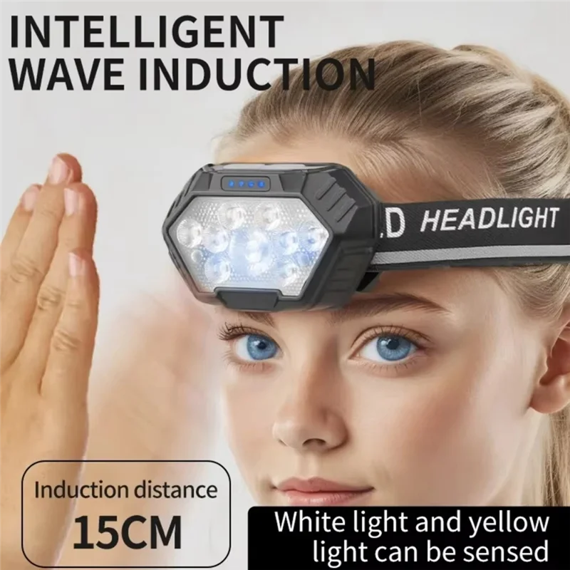 ABZV-Super Bright Forehead Farol Sensor de Movimento LED Farol de Acampamento Cabeça de Pesca Lanterna Cabeça Luz À Prova D 'Água