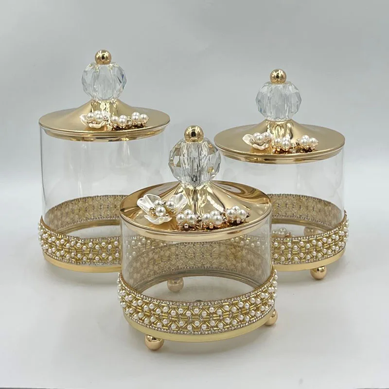 European Luxury Pearl Crystal Metal Jar Living Room Cotton Swab Box Candy Nut Storage Box Handicraft Decoration Jar Home Decor