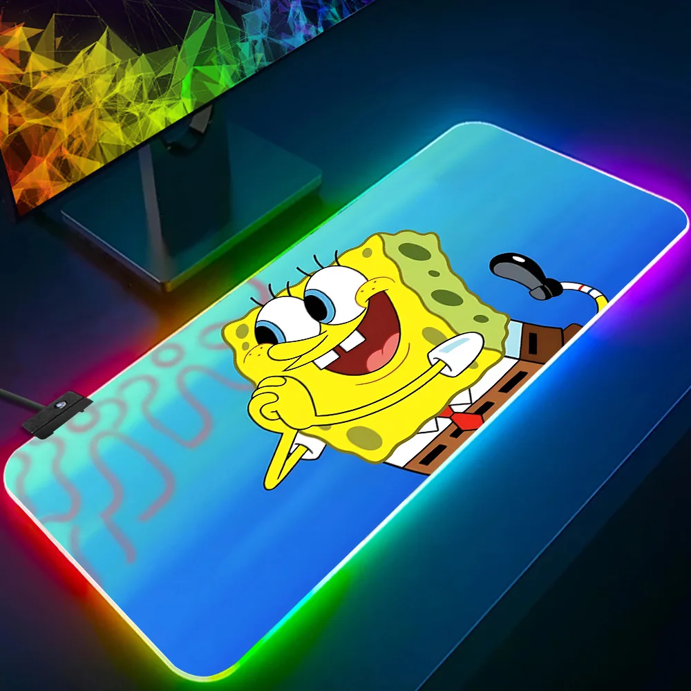 Cartoon S-SpongeBob RGB Pc Gamer Keyboard Mouse Pad Mousepad LED Glowing Mouse Mats Rubber Gaming Computer Mausepad