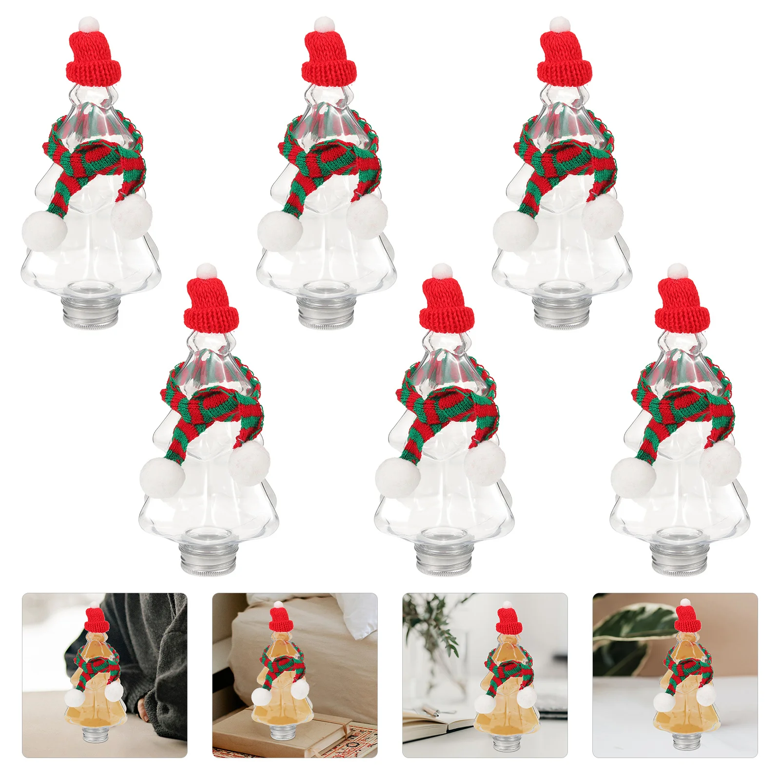 

6 set Christmas Decoration Bottle Xmas Tree Shape Pet Empty Jar For Candy Drink Storage Multipurpose Sealing Juice Bottles