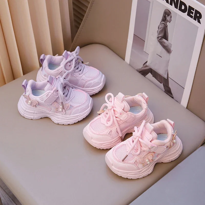 

Children Sports Shoes Princess Style for Girls Sneakers Thick Soft Sole 2025 Spring Autumn Kids Running Shoes Soft Bottom Trendy