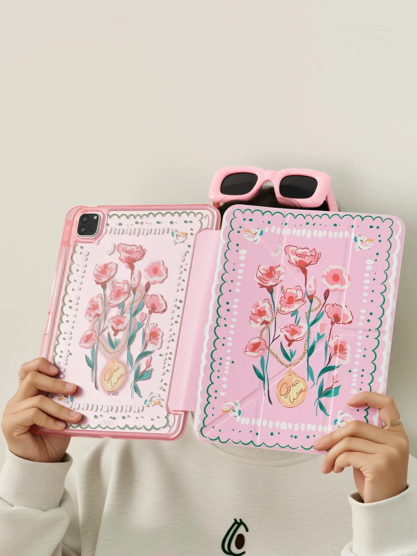 Hand-painted rose pattern tablet case, suitable for iPad, Y+ three-fold magnetic protective cover