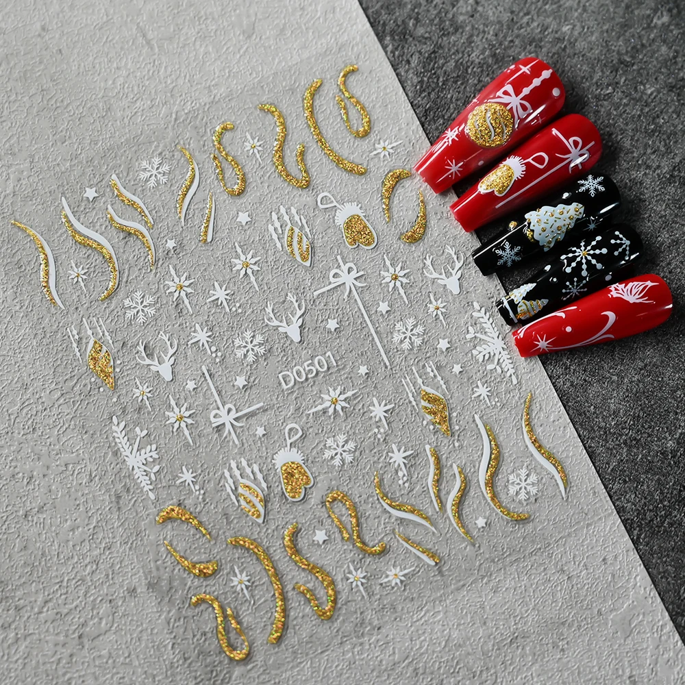 12 個 3D ホログラフィックレーザーグリッタークリスマスネイルステッカーゴールド/シルバー輝くスノーフレーク/エルク/ツリーネイルデカールグリッタークリスマススライダー