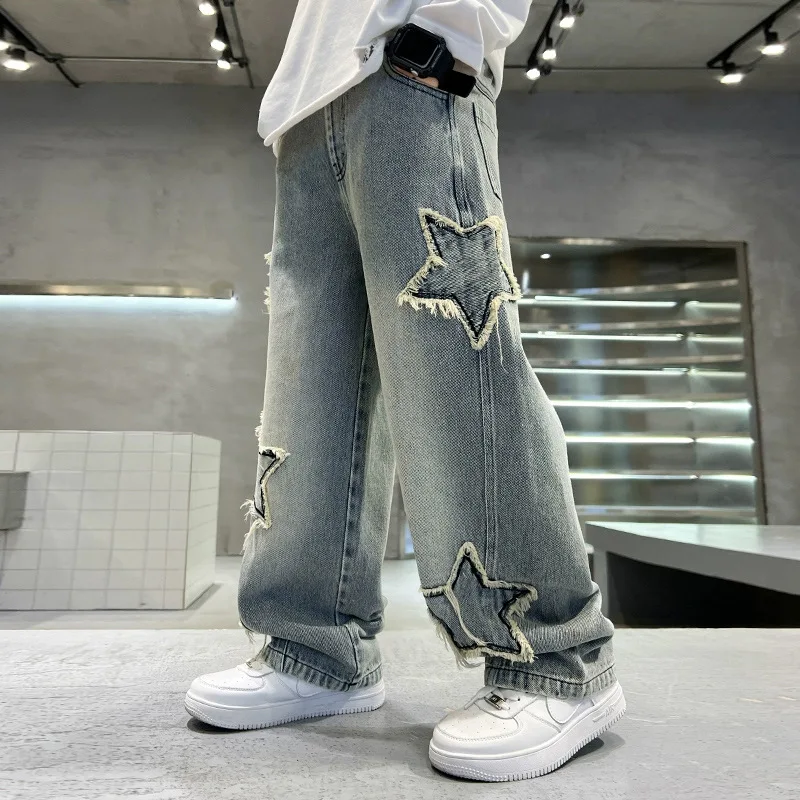 Boys' pants spring and autumn five-pointed star splicing raw edge jeans boys wide-leg pants washed denim youth pants 5-14 years