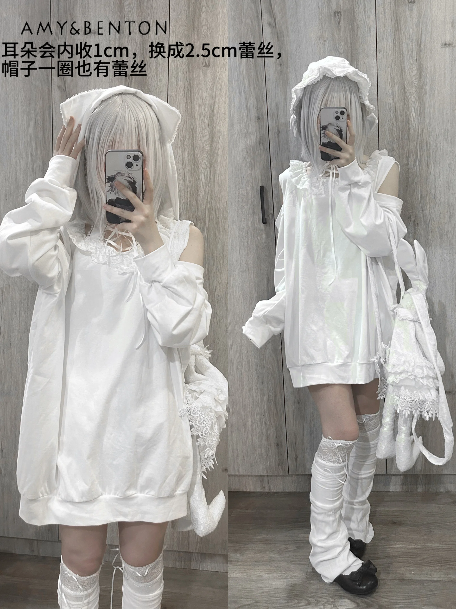 Original Japanese Style Off-the-shoulder Cat Ear Neck Hoodies Subculture Two-dimensional Cute Lace Ruffle Edge Oversized Hoodie